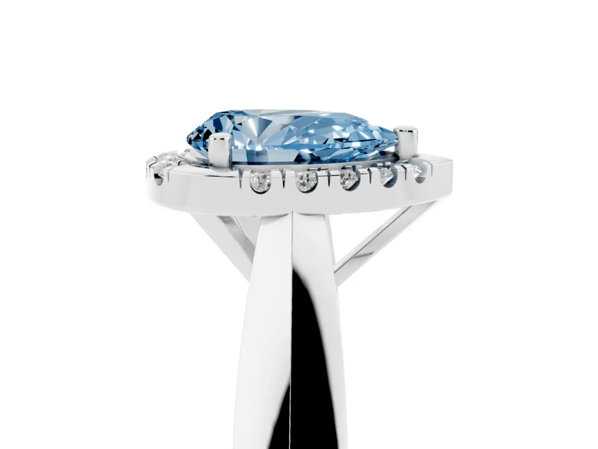 Fancy Blue Pear Cut Cut Halo Solitaire Engagement Ring with Square Band and Four-Prong Setting Platinum
