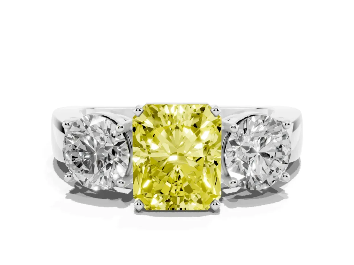 Fancy Yellow Three-Stone Radiant Cut Diamond Ring with Round Side Stones, Classic Band, and Four-Prong Setting Platinum