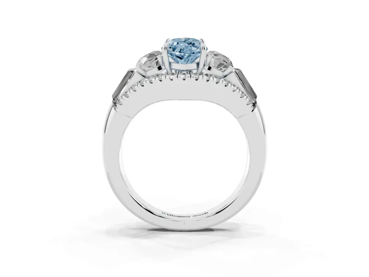 Fancy Blue Three-Stone Marquise Cut Diamond Engagement Ring with Pave Band and Prong Setting Silver