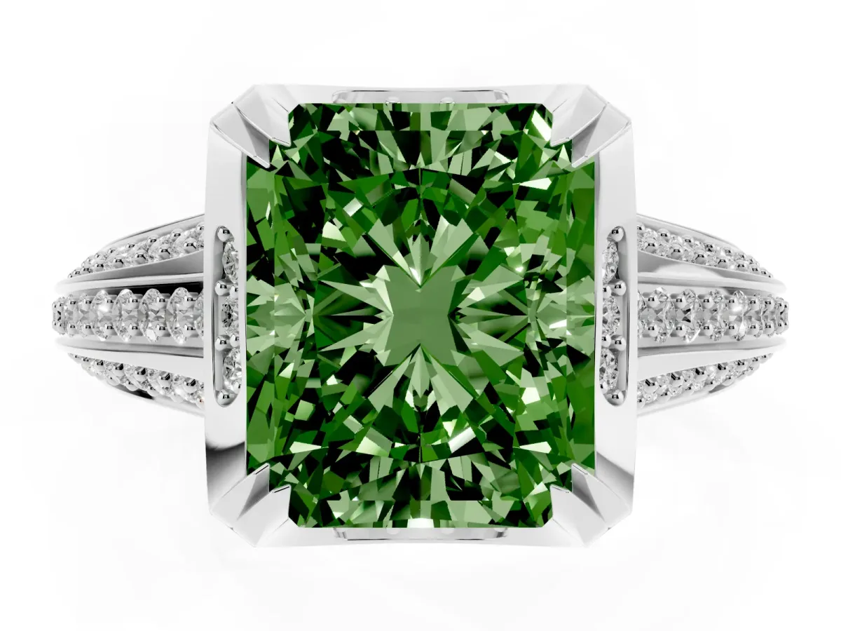 Fancy Green Radiant Cut Solitaire Pave Split Shank Ring with Four-Prong Setting Silver