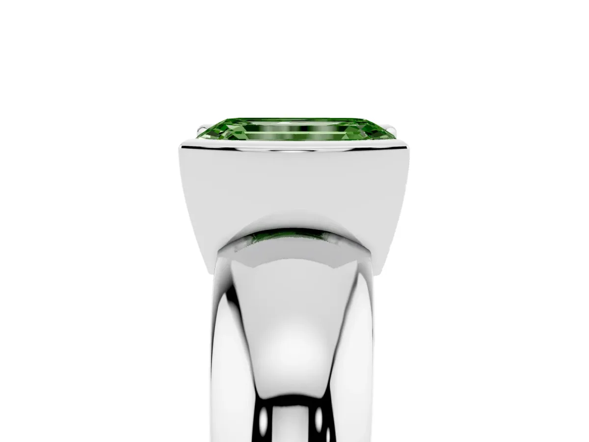 Fancy Green Emerald Cut Solitaire Tension Set Diamond Ring with Wide Band Platinum