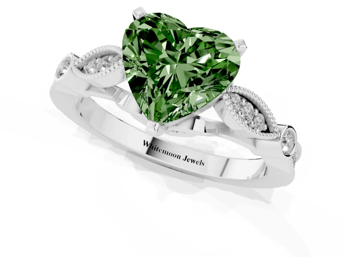 Fancy Green Heart Cut Cut Diamond with Milgrain Marquise and Bezel Accents on a Solitaire Band with Prong Setting Silver