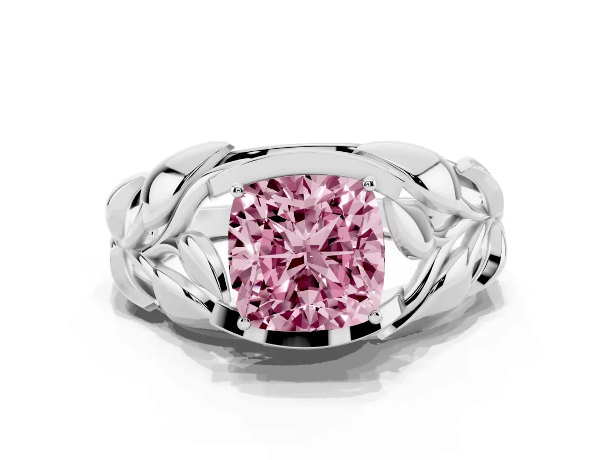 Fancy Pink Cushion Cut Diamond Leaf-Inspired Engagement Ring with Round Accents and Prong Setting Platinum