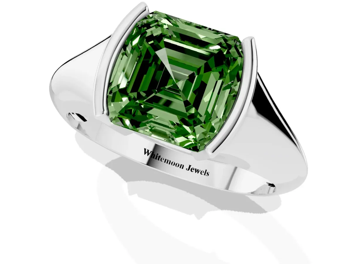 Fancy Green Asscher Cut Solitaire Tension Set Diamond Ring Platinum