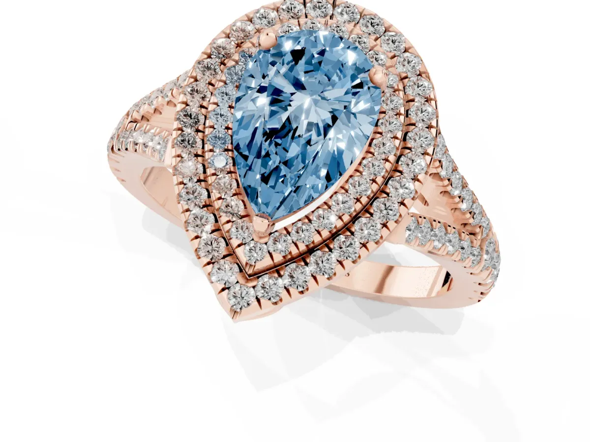 Fancy Blue Pear Cut Diamond Double Halo Ring with Pavé Band and Prong Setting Rose gold