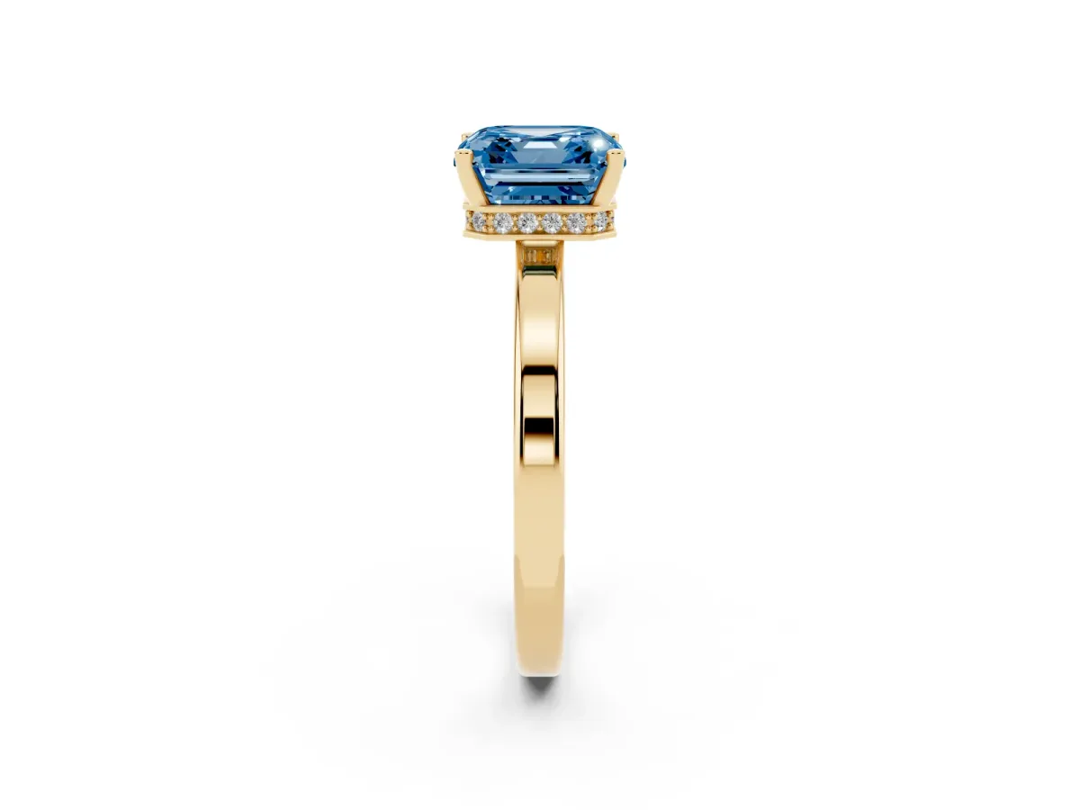 Fancy Blue Asscher Cut Cut Solitaire Engagement Ring with Four-Prong Setting on a Classic Band Yellow gold