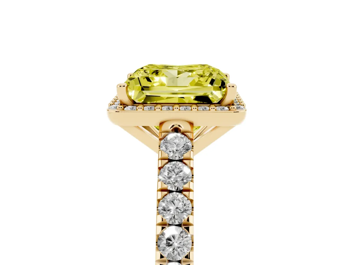 Fancy Yellow Princess Cut Cut Halo Diamond Engagement Ring with Pave Band and Four-Prong Setting Yellow gold