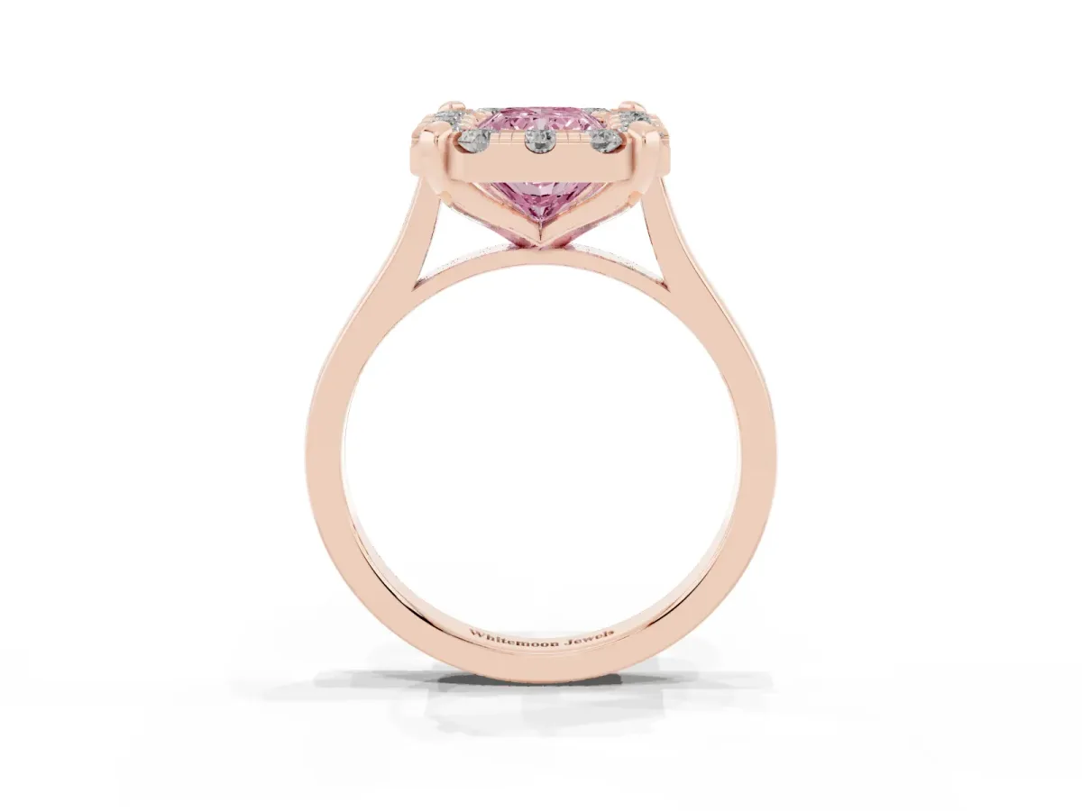 Fancy Pink Radiant Cut Diamond Cluster Halo Solitaire with Four-Prong Setting Rose gold