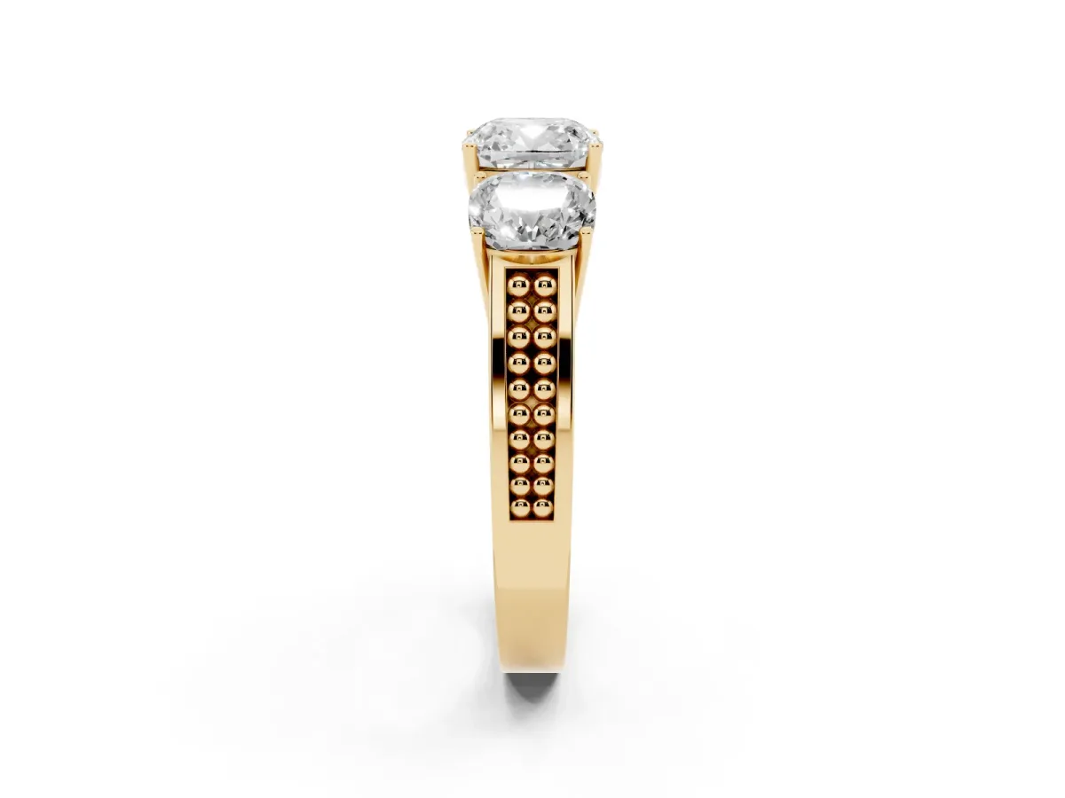 Cushion Cut Diamond Three-Stone Ring with Prong Setting and Textured Band Yellow gold