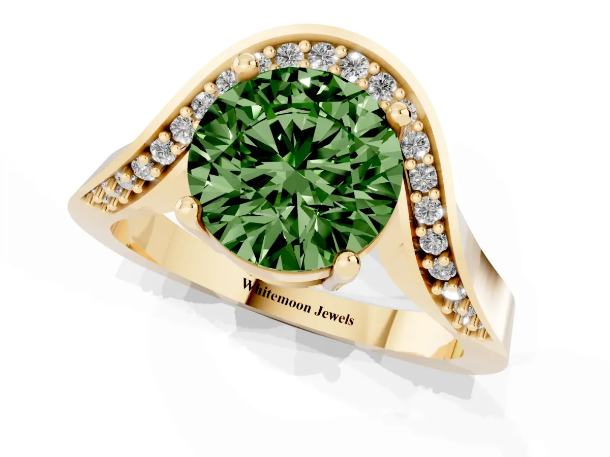Fancy Green Round Cut Solitaire Diamond Engagement Ring with Pave Band and Four-Prong Setting Yellow gold