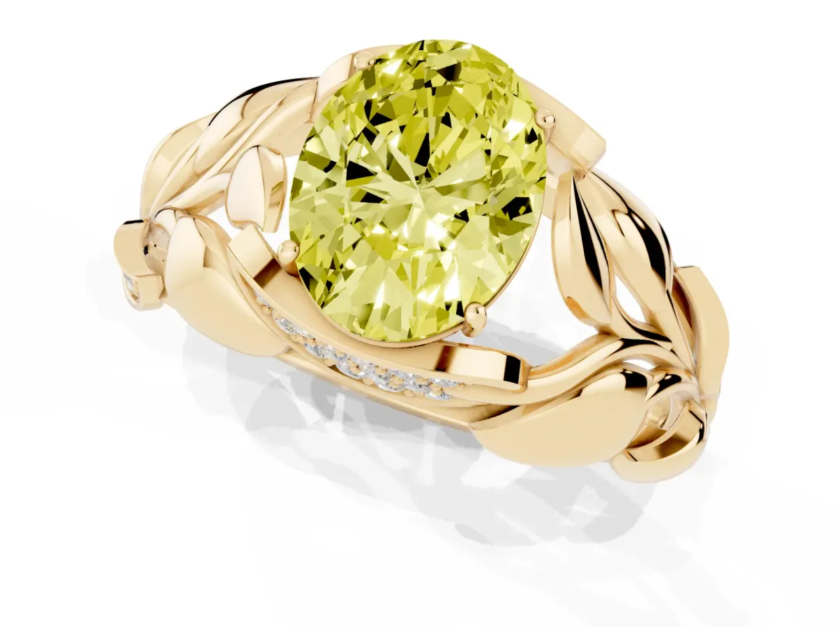 Fancy Yellow Oval Cut Diamond Leaf-Inspired Engagement Ring with Round Accents and Prong Setting Yellow gold