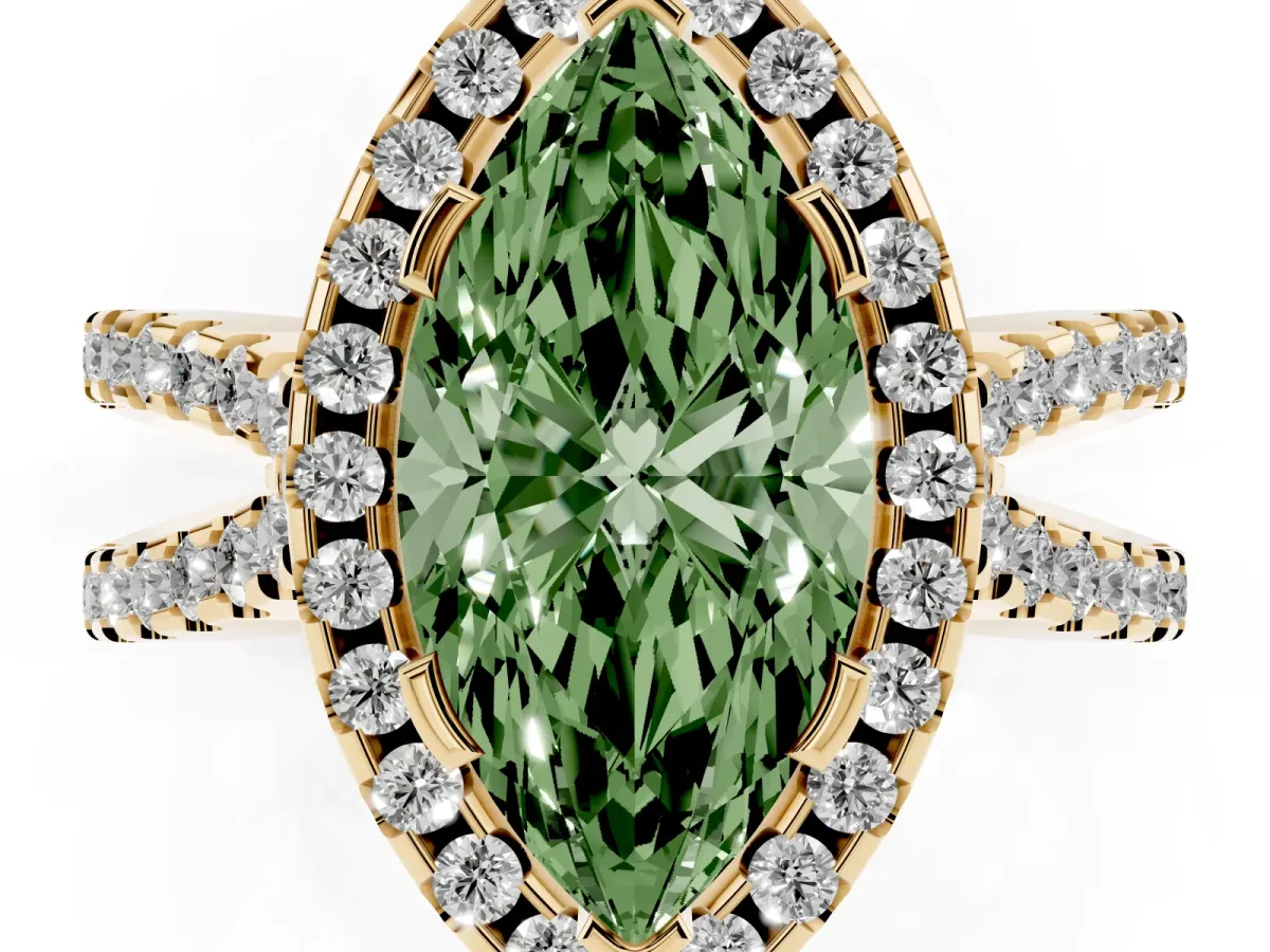 Fancy Green Marquise Cut Diamond Halo Ring with Split Shank Pavé Band and Prong Setting Yellow gold