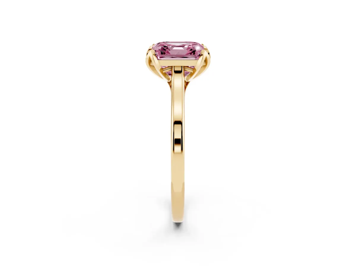 Fancy Pink Asscher Cut Diamond Solitaire Ring with Flower Prong Setting and Classic Band Yellow gold