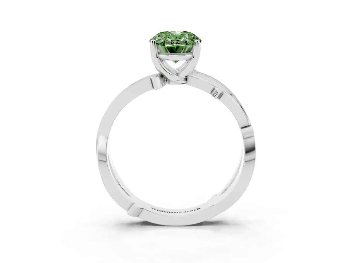 Fancy Green Oval Cut Solitaire Twist Band with Pavé Accents and Four-Prong Setting Platinum