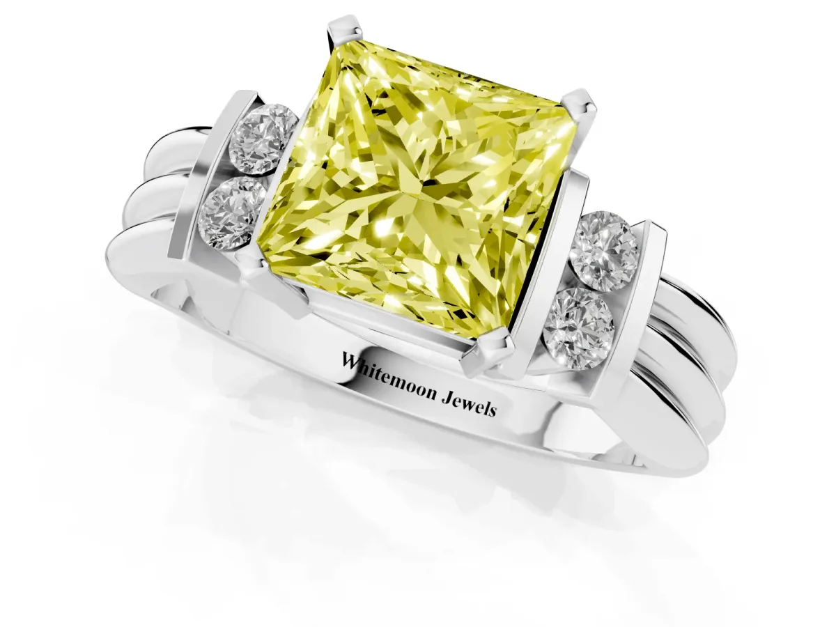 Fancy Yellow Princess Cut Cut Three-Stone Channel Set Ring with Bar Prongs Silver
