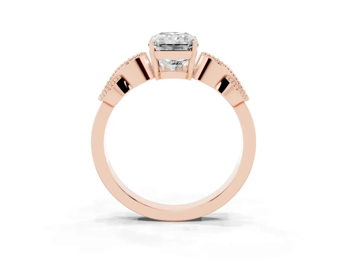 Princess Cut Solitaire Milgrain Leaf Band with Prong Setting Rose gold