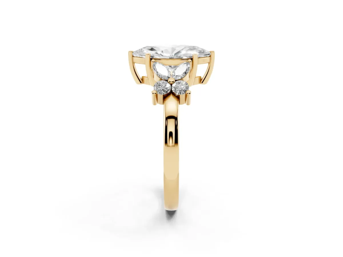 Marquise Cut Diamond Floral Cluster Ring with Solitaire Band and Prong Setting Yellow gold