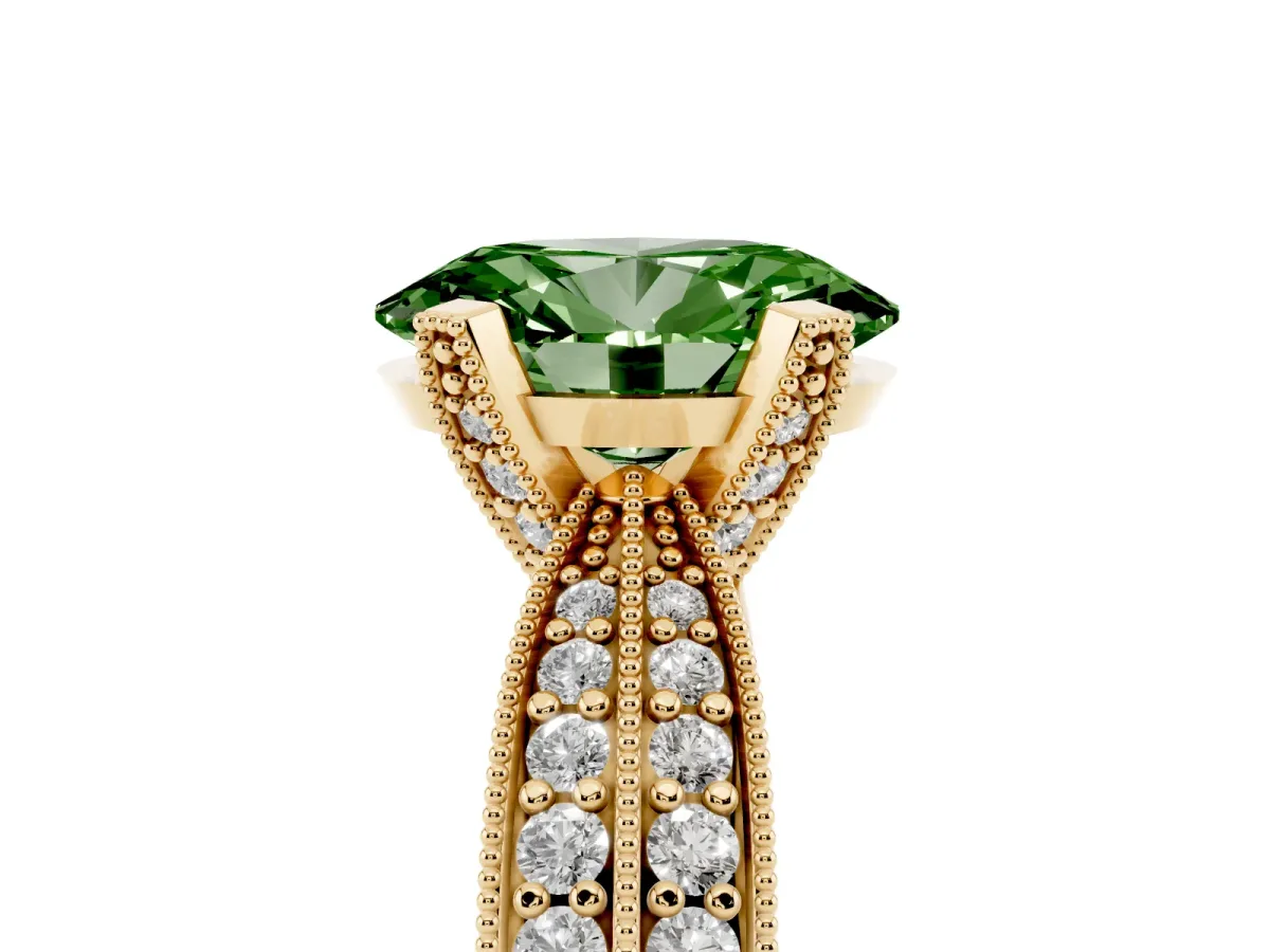 Fancy Green Oval Cut Diamond Solitaire Ring with Milgrain Round Pavé Band and Prong Setting Yellow gold