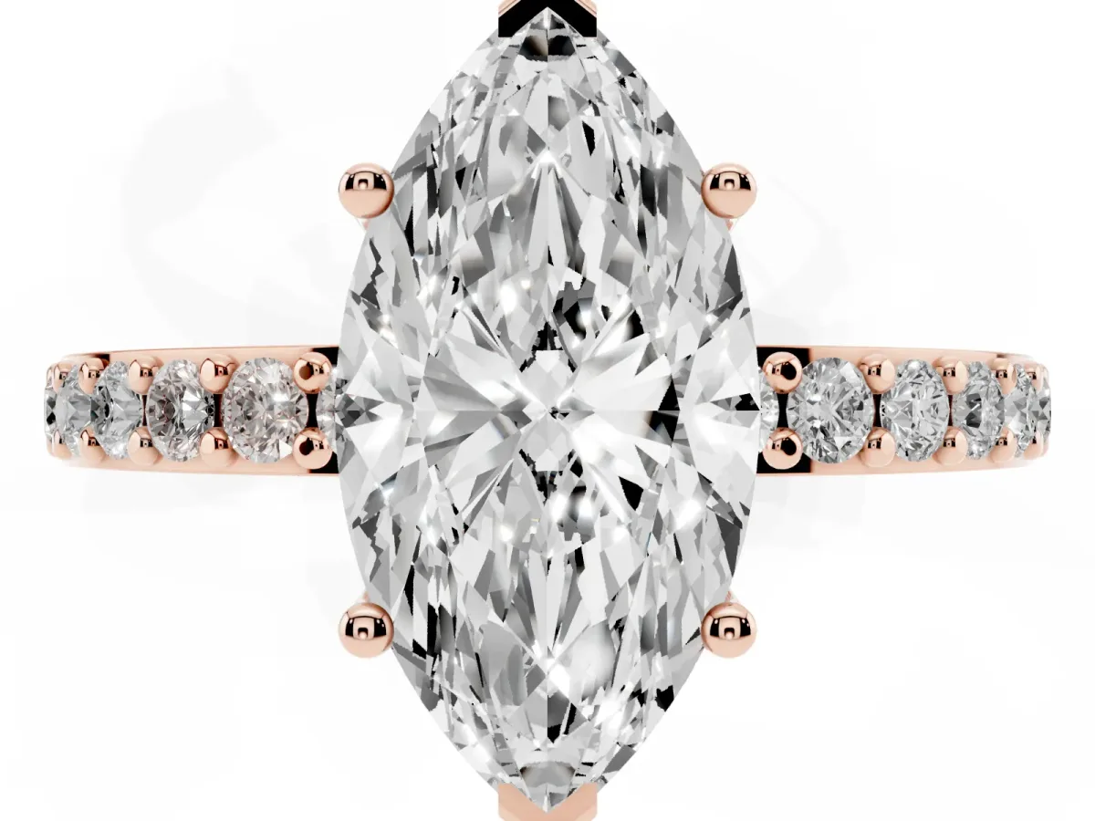 Marquise Cut Cut Diamond Solitaire with Pave Band and Four-Prong Setting Rose gold