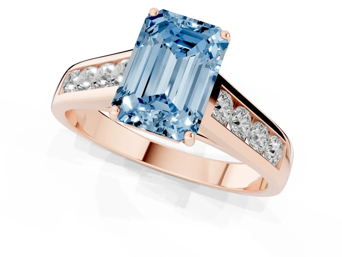 Fancy Blue Emerald Cut Brilliant Channel-Set Solitaire Ring with Four-Prong Setting Rose gold
