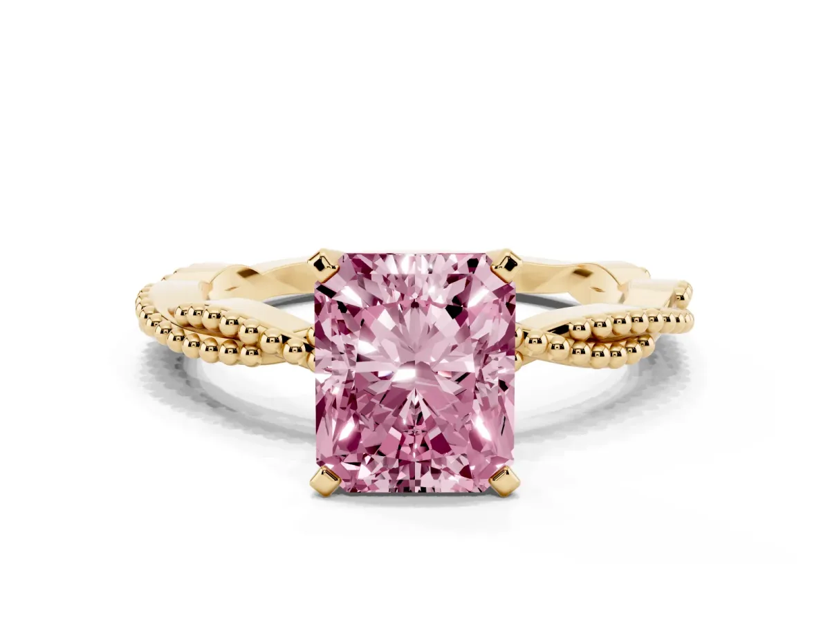 Fancy Pink Radiant Cut Solitaire Twisted Band with Bead Prong Setting Yellow gold
