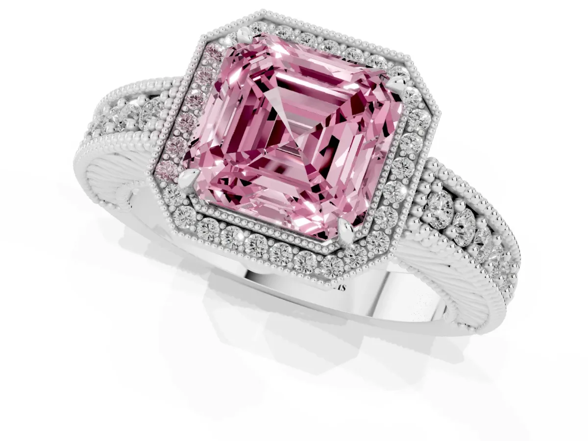 Fancy Pink Asscher Cut Cut Halo Diamond Ring with Pavé Band and Four-Prong Setting White gold