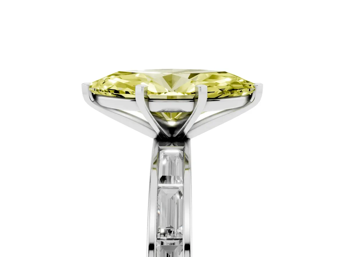 Fancy Yellow Marquise Cut Solitaire Diamond Ring with Channel-Set Baguette Band and Four-Prong Setting Silver