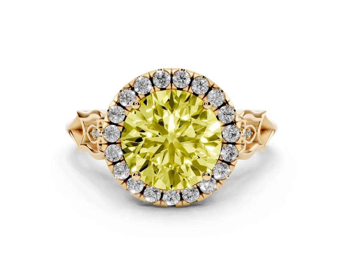 Fancy Yellow Round Cut Halo Diamond Engagement Ring with Filigree Band and Four-Prong Setting Yellow gold