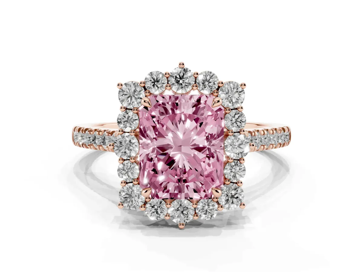 Fancy Pink Radiant Cut Halo Diamond Ring with Pavé Band and Prong Setting Rose gold