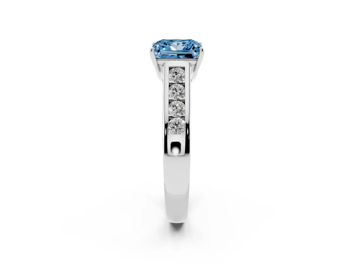 Fancy Blue Princess Cut Brilliant Channel-Set Solitaire Ring with Four-Prong Setting Silver