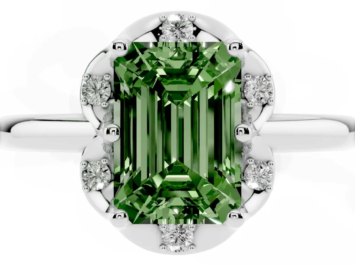 Fancy Green Emerald Cut Halo Diamond Ring with Round Cluster Setting, Solitaire Band, and Four-Prong Setting Silver