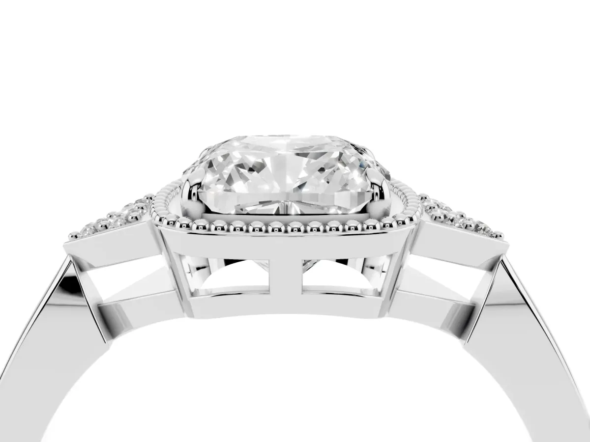 Hexagonal Halo Cushion Cut Diamond Solitaire with Pavé Band and Four-Prong Setting Silver