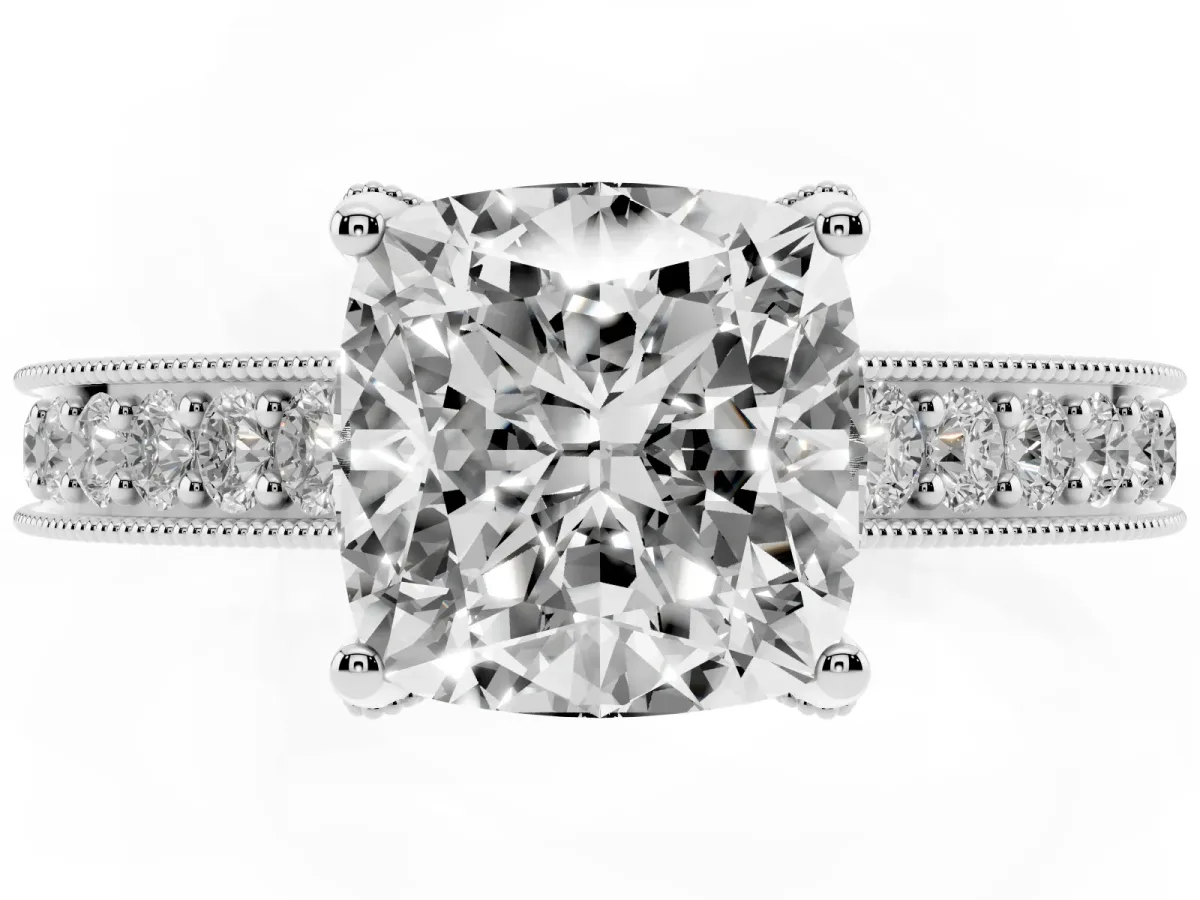 Cushion Cut Cut Diamond Solitaire Ring with Milgrain Pave Band and Four Prong Setting Silver
