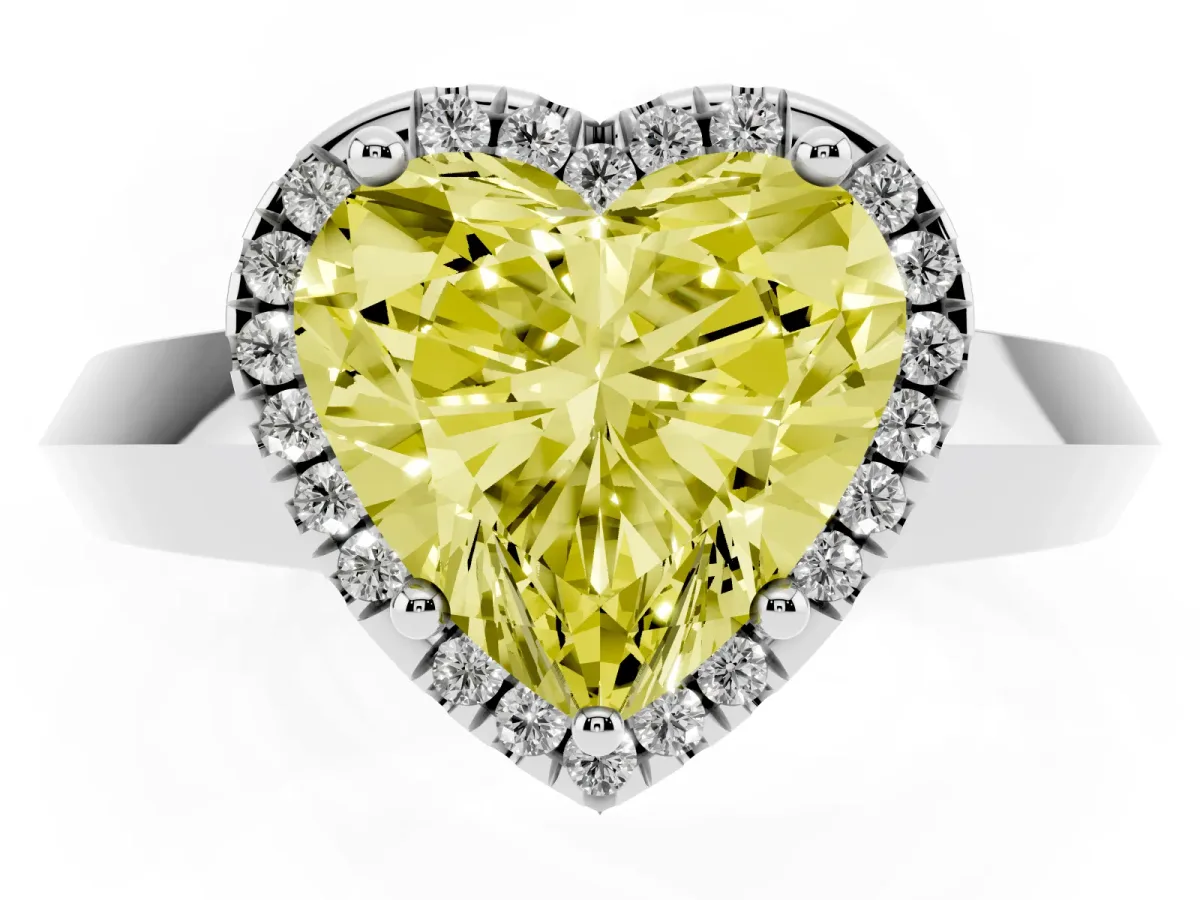 Fancy Yellow Heart Cut Halo Diamond Ring with Cathedral Band and Four-Prong Setting Silver