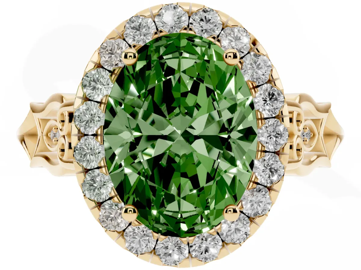 Fancy Green Oval Cut Halo Diamond Engagement Ring with Filigree Band and Four-Prong Setting Yellow gold