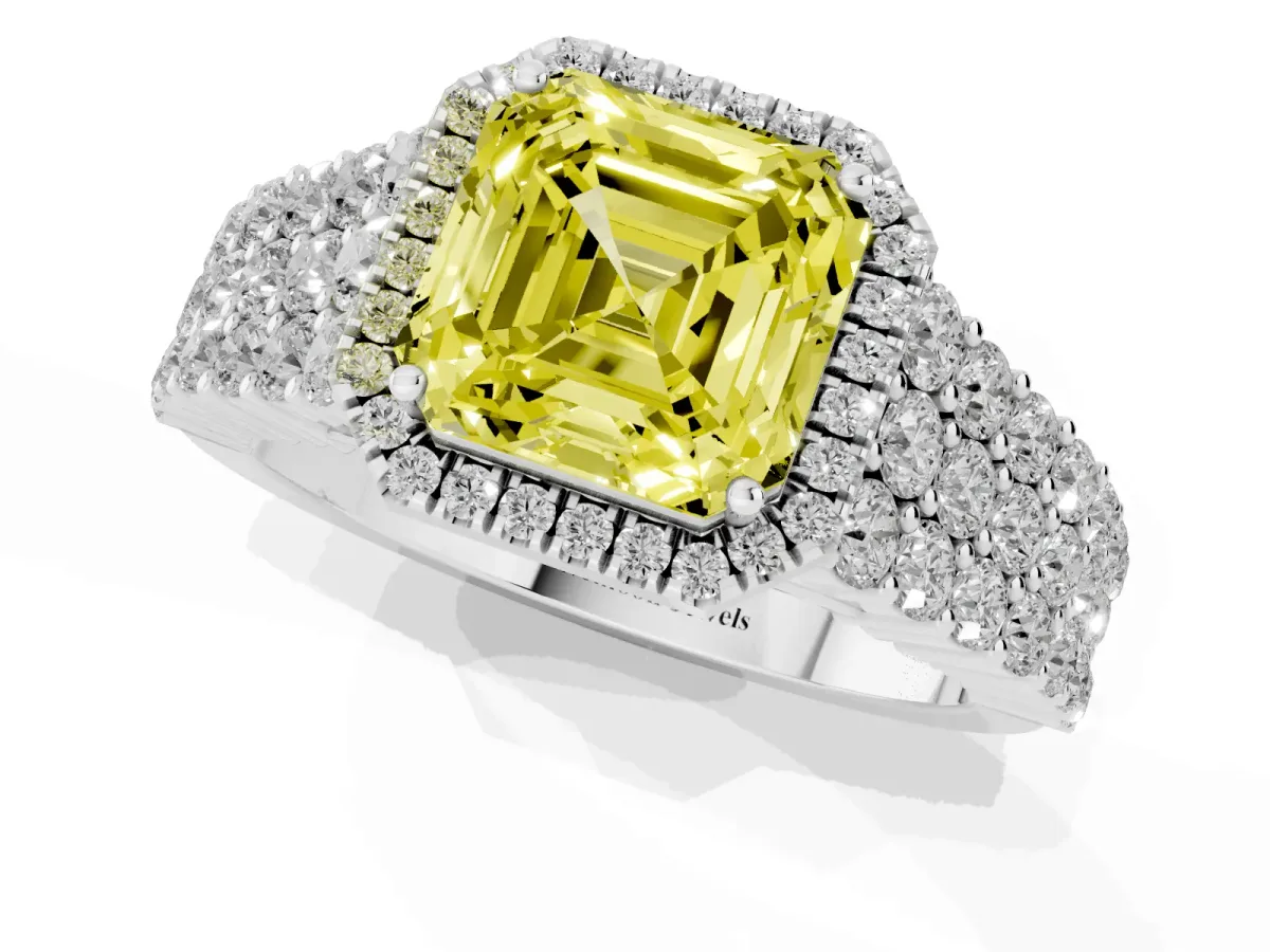 Fancy Yellow Asscher Cut Diamond Halo Engagement Ring with Triple Row Round Pavé Band and Prong Setting White gold