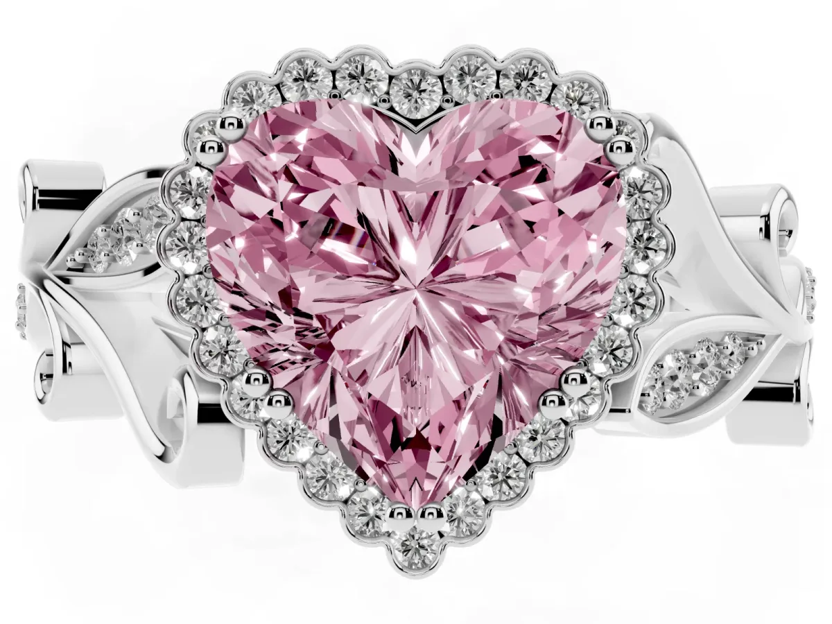Fancy Pink Heart Cut Diamond Halo Ring with Vintage Split Shank and Four-Prong Setting Silver