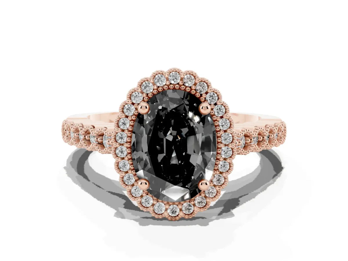 Fancy Black Oval Cut Cut Halo Pavé Solitaire Ring with Milgrain Band Rose gold