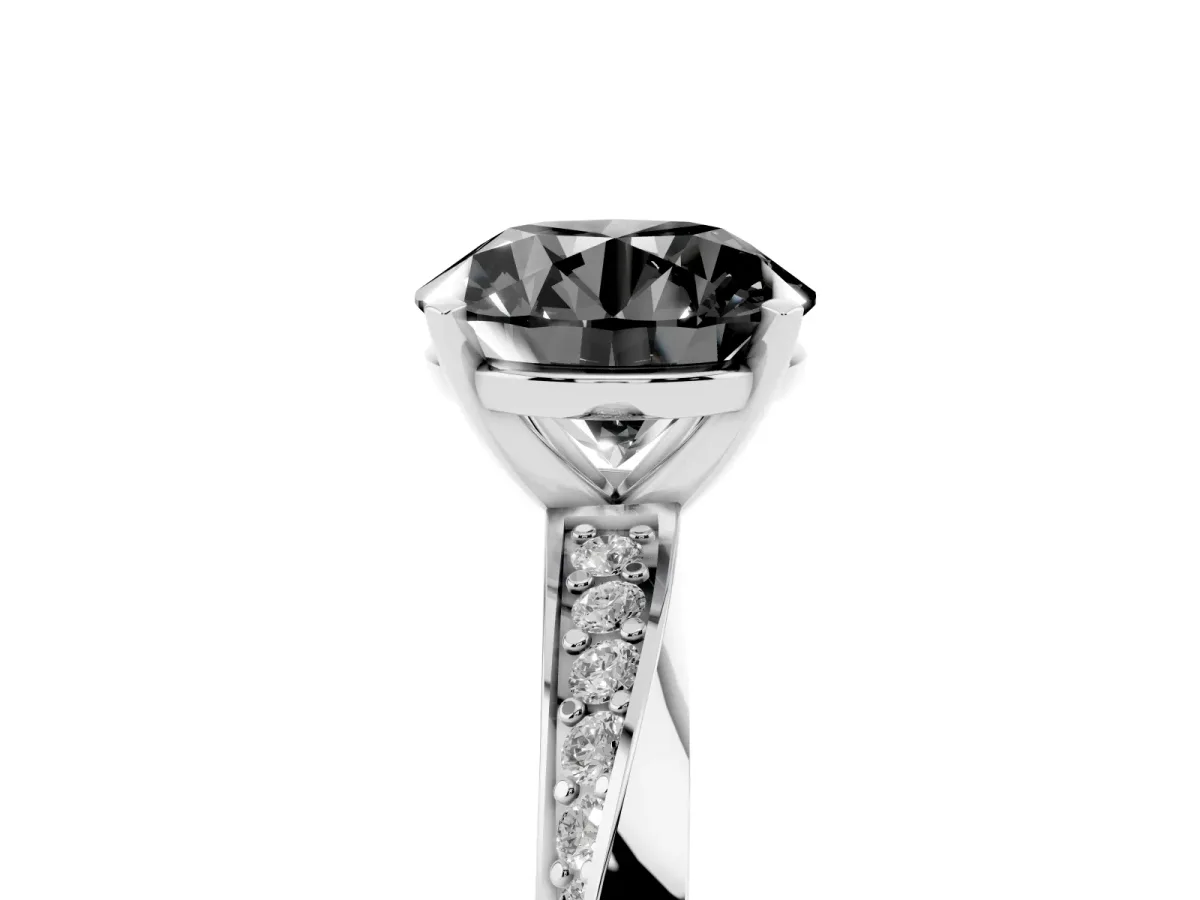 Fancy Black Round Cut Diamond Engagement Ring with Side Stone Accents and Four-Prong Setting Silver