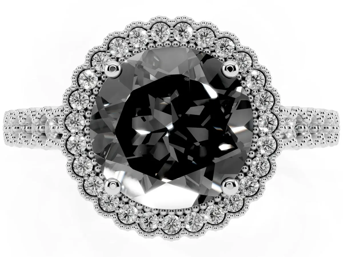 Fancy Black Round Cut Cut Halo Pavé Solitaire Ring with Milgrain Band White gold