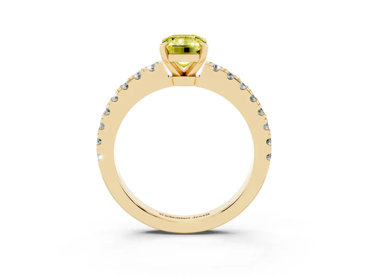 Fancy Yellow Emerald Cut Solitaire Diamond with Pavé Band and Four-Prong Setting Yellow gold