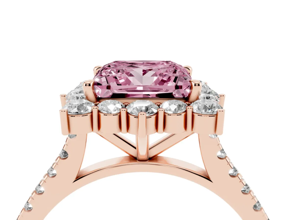 Fancy Pink Princess Cut Halo Diamond Ring with Pavé Band and Prong Setting Rose gold