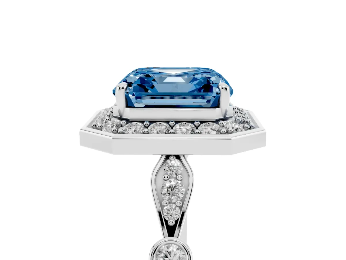 Fancy Blue Asscher Cut Halo Diamond Engagement Ring with Twisted Band and Four-Prong Setting White gold