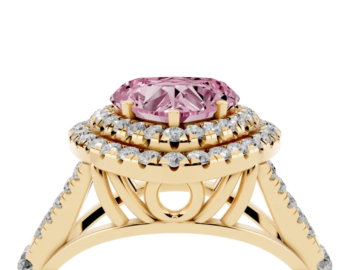 Fancy Pink Double Halo Heart Cut Diamond Split Shank Engagement Ring with Four-Prong Setting Yellow gold
