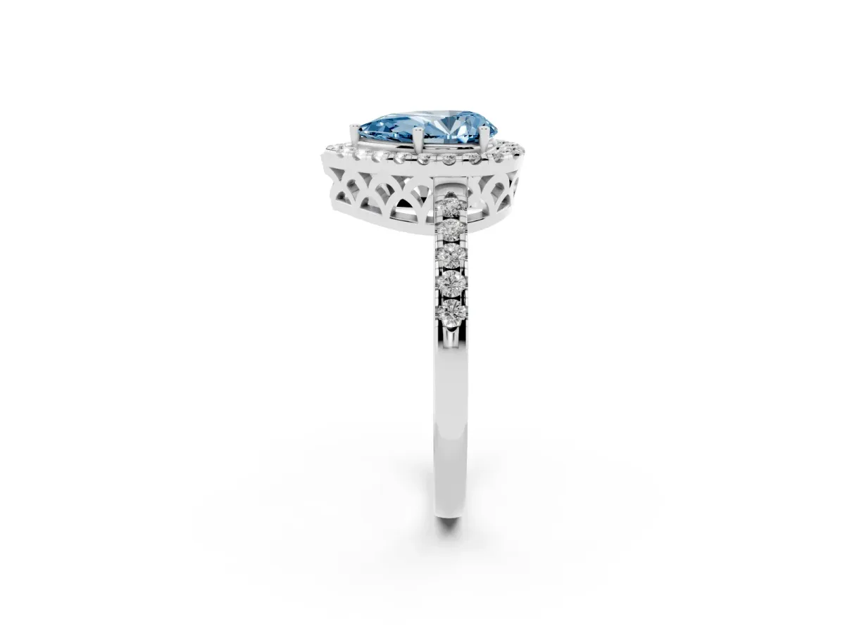 Fancy Blue Pear Cut Halo Diamond Engagement Ring with Pavé Band and Four-Prong Setting Platinum