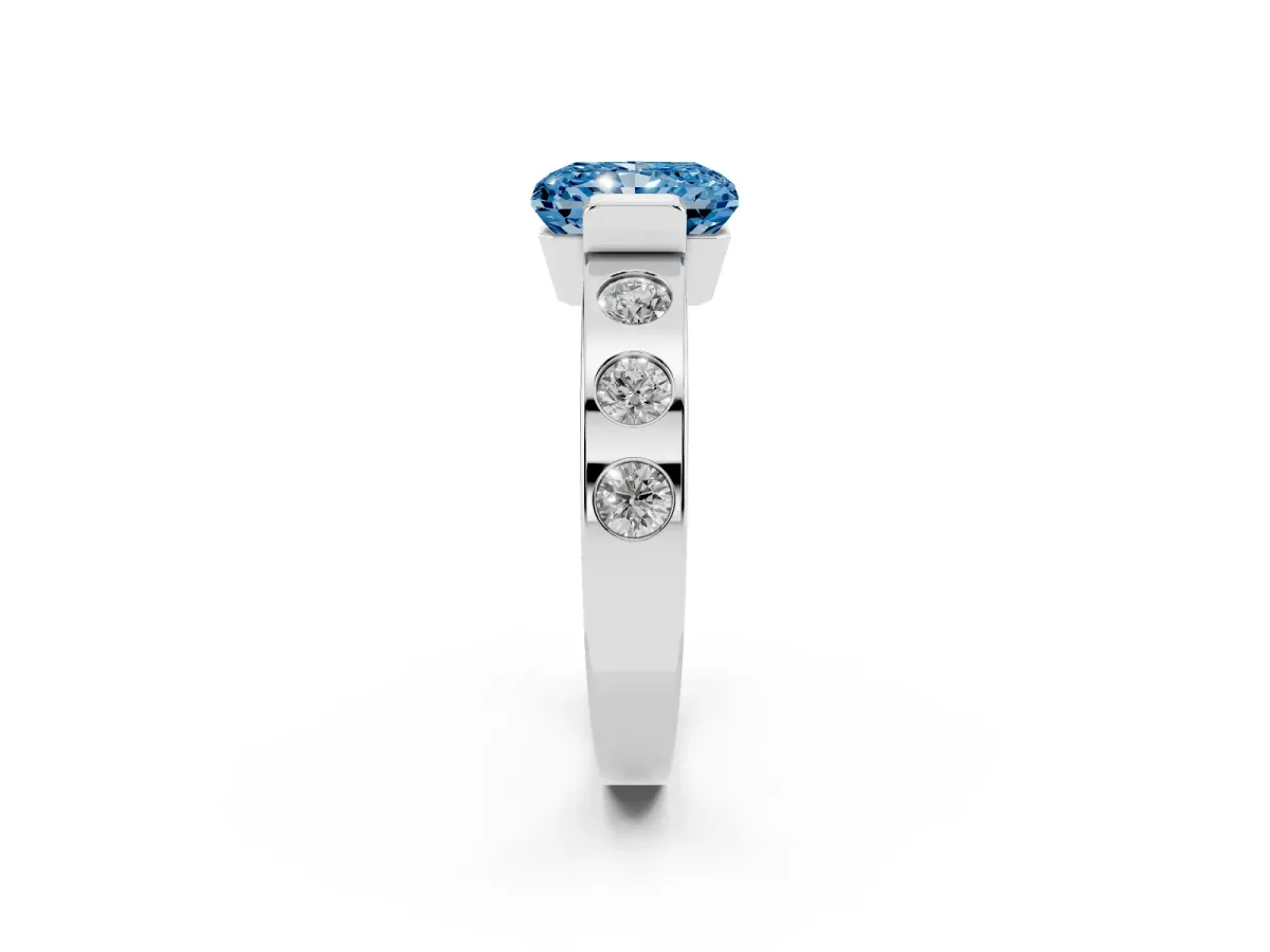 Fancy Blue Radiant Cut Brilliant Channel-Set Diamond Ring with Bezel Prong Setting Silver
