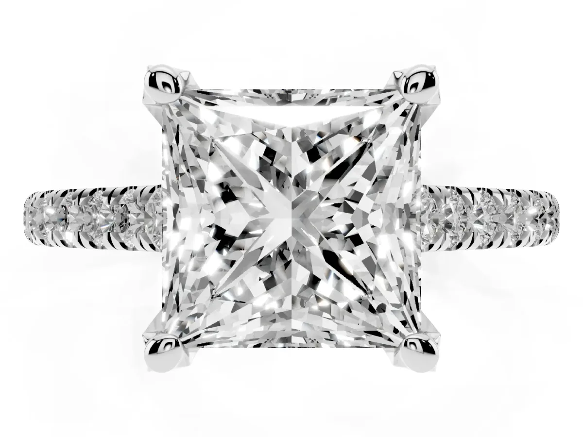 Princess Cut Brilliant Diamond Solitaire with Pavé Band and Four-Prong Setting Silver