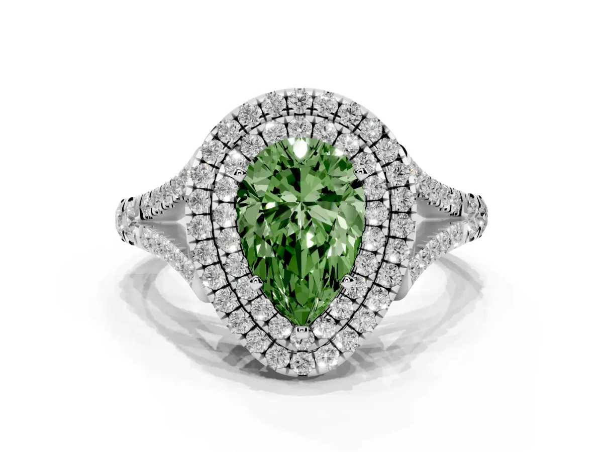 Fancy Green Double Halo Pear Cut Diamond Split Shank Engagement Ring with Four-Prong Setting Silver