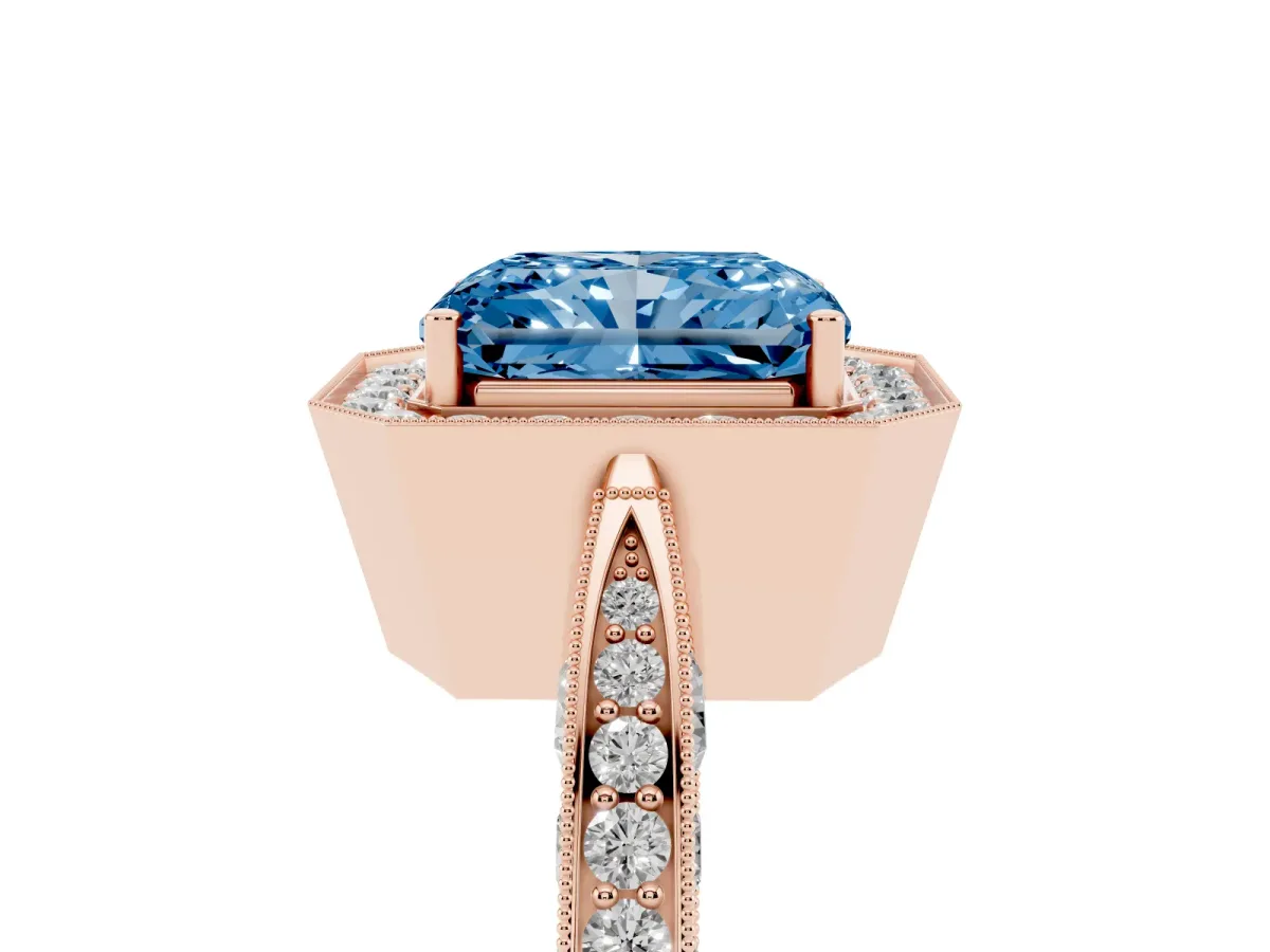 Fancy Blue Radiant Cut Halo Diamond Engagement Ring with Split Shank Band and Four-Prong Setting Rose gold
