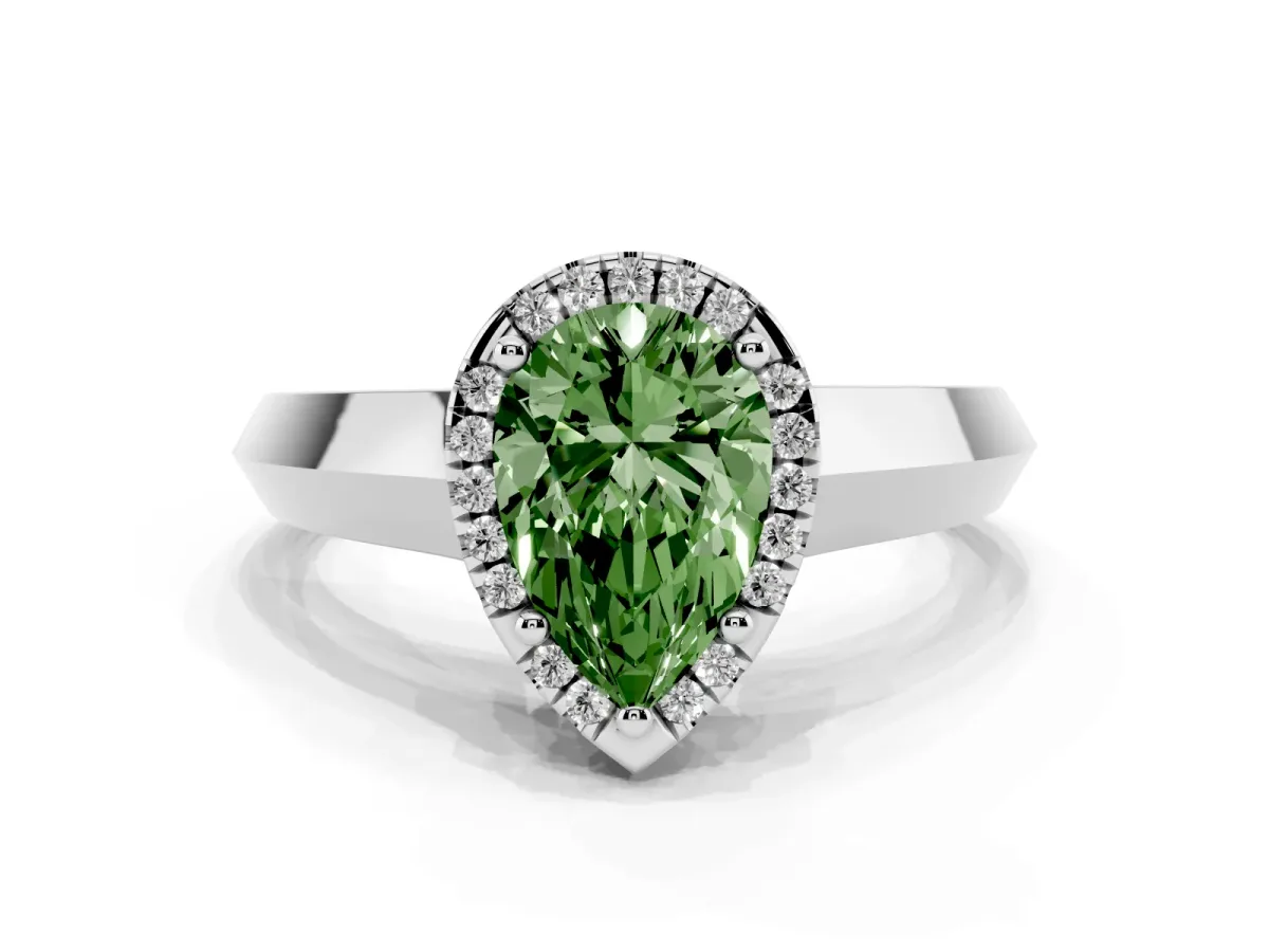 Fancy Green Pear Cut Halo Diamond Ring with Cathedral Band and Four-Prong Setting Silver